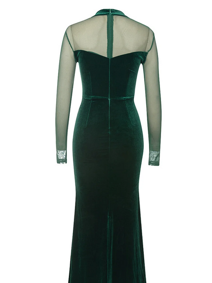 Round Neck Patchwork Mesh Sleeve Velvet Drill Chain Dress