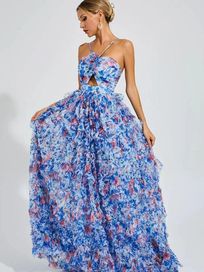 Organza Fairy Ruffle Floral Halter Dress