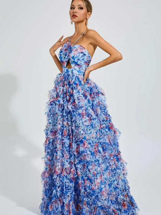 Organza Fairy Ruffle Floral Halter Dress