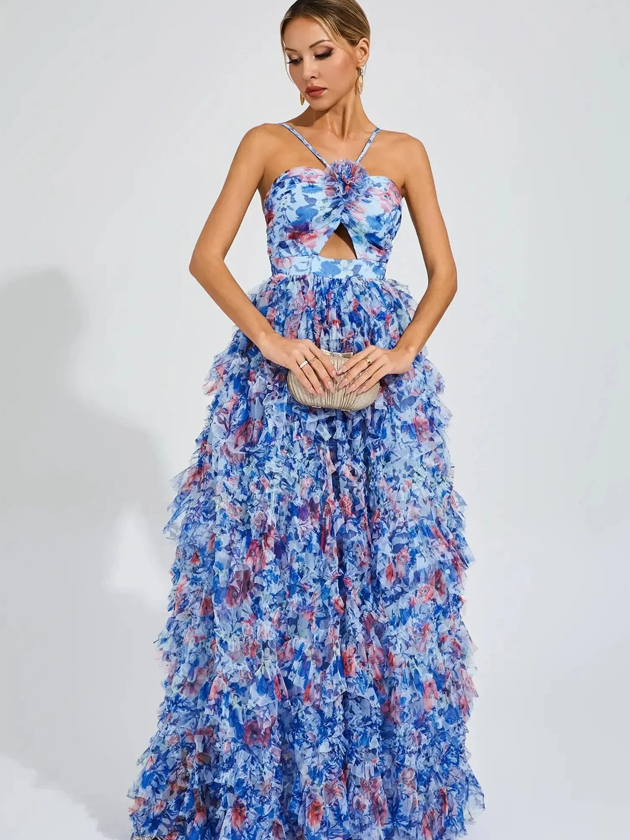 Organza Fairy Ruffle Floral Halter Dress