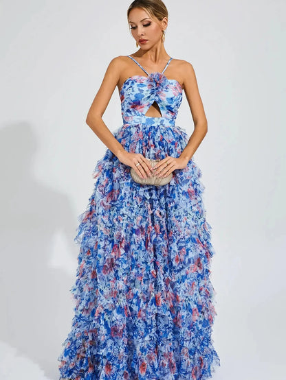 Organza Fairy Ruffle Floral Halter Dress