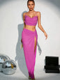 Chic Mini Halter Neck Rhinestone Fitted Maxi Skirt Set