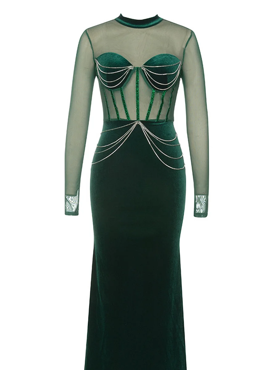 Round Neck Patchwork Mesh Sleeve Velvet Drill Chain Dress