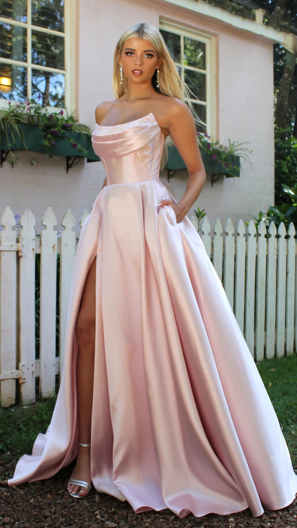 YS-Strapless Corset Ball with Pearl Mikado Satin Gown