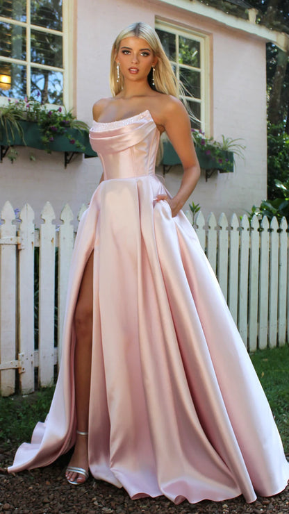 YS-Strapless Corset Ball with Pearl Mikado Satin Gown