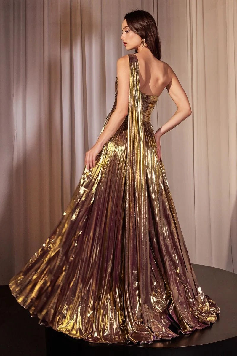 One Shoulder Metallic Pleated A-Line Gown