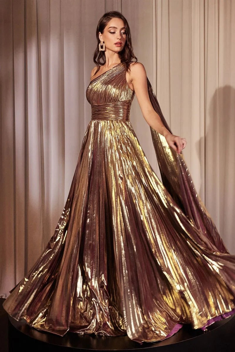 One Shoulder Metallic Pleated A-Line Gown