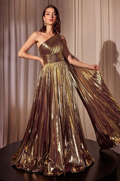 One Shoulder Metallic Pleated A-Line Gown