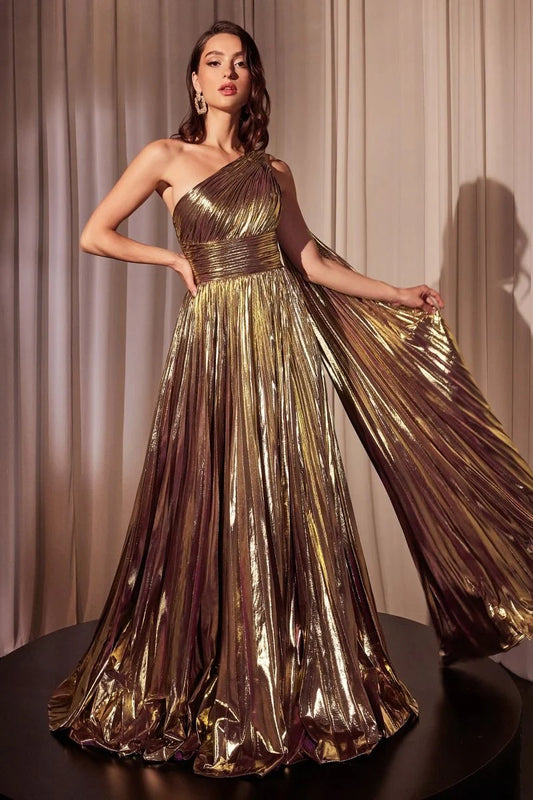 One Shoulder Metallic Pleated A-Line Gown