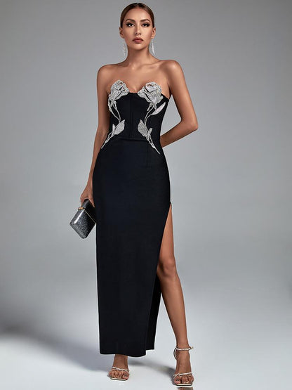 Black Sheath Bandage Gown with Rhinestones