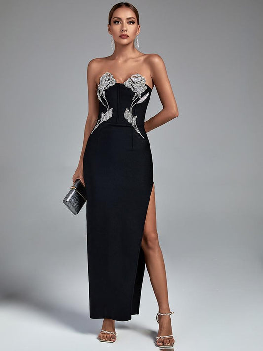 Black Sheath Bandage Gown with Rhinestones