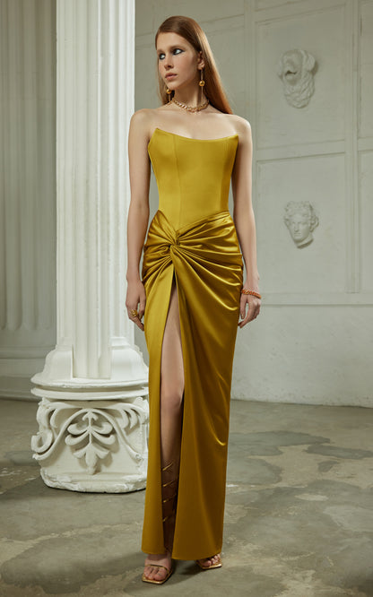 Draped Strapless Satin Maxi Dress