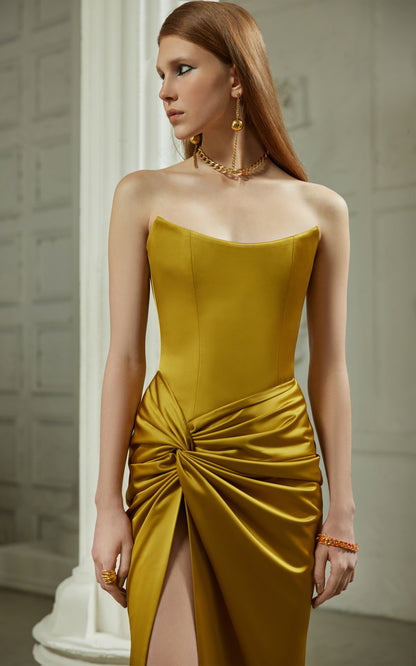 Draped Strapless Satin Maxi Dress