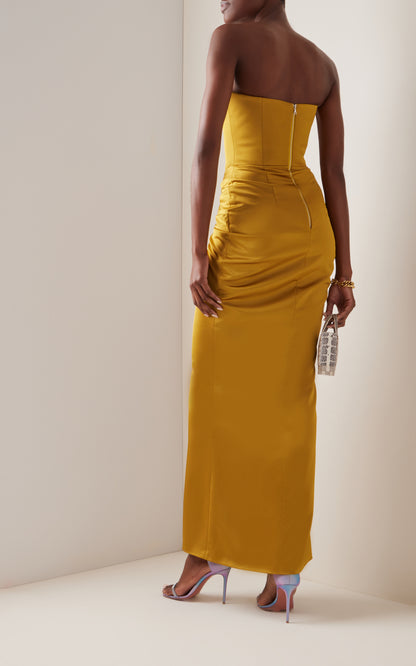 Draped Strapless Satin Maxi Dress