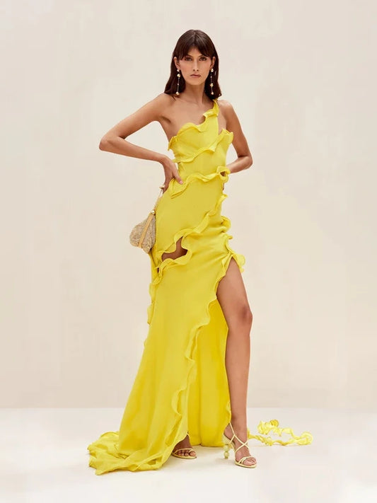 Elegant Off-One-Shoulder Ruffle Patchwork Maxi Dress