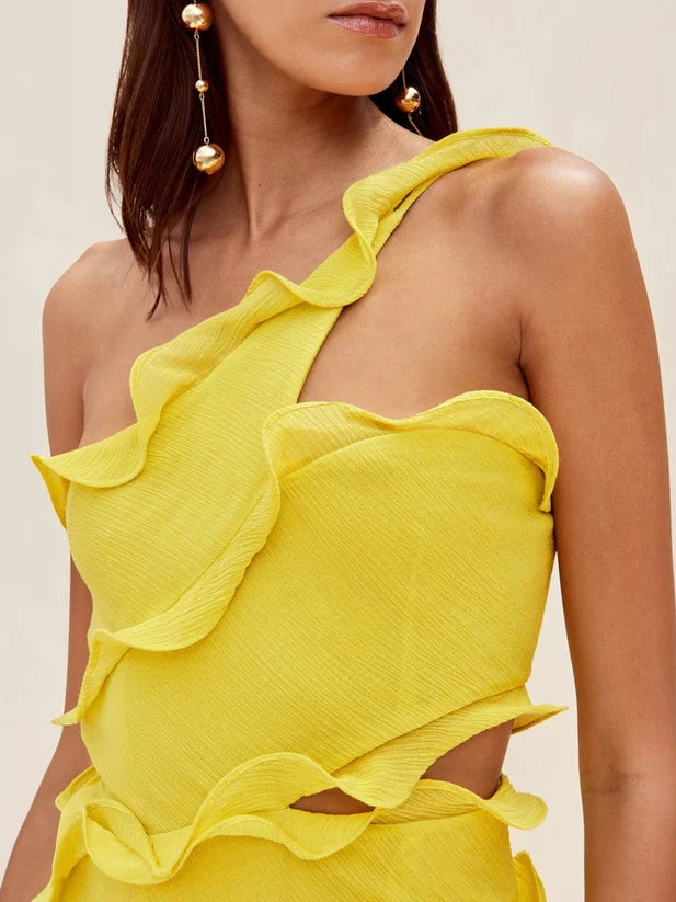 Elegant Off-One-Shoulder Ruffle Patchwork Maxi Dress