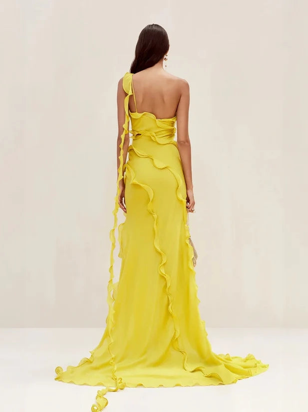 Elegant Off-One-Shoulder Ruffle Patchwork Maxi Dress